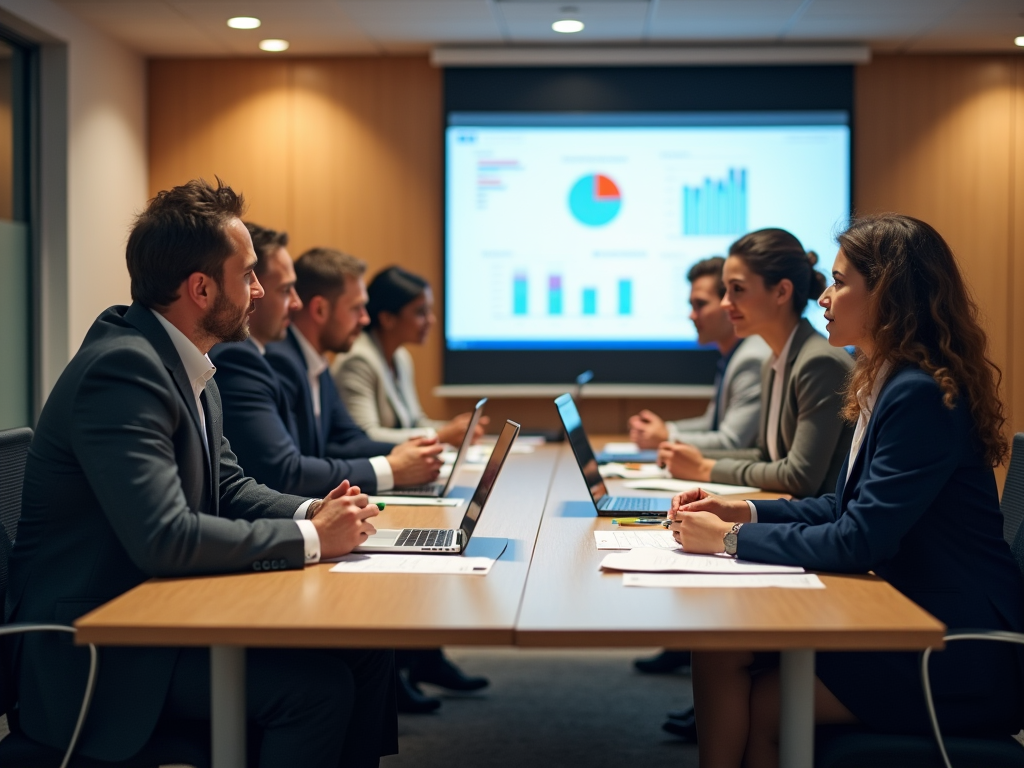 Professionals in a meeting room discussing data shown on projection screen.