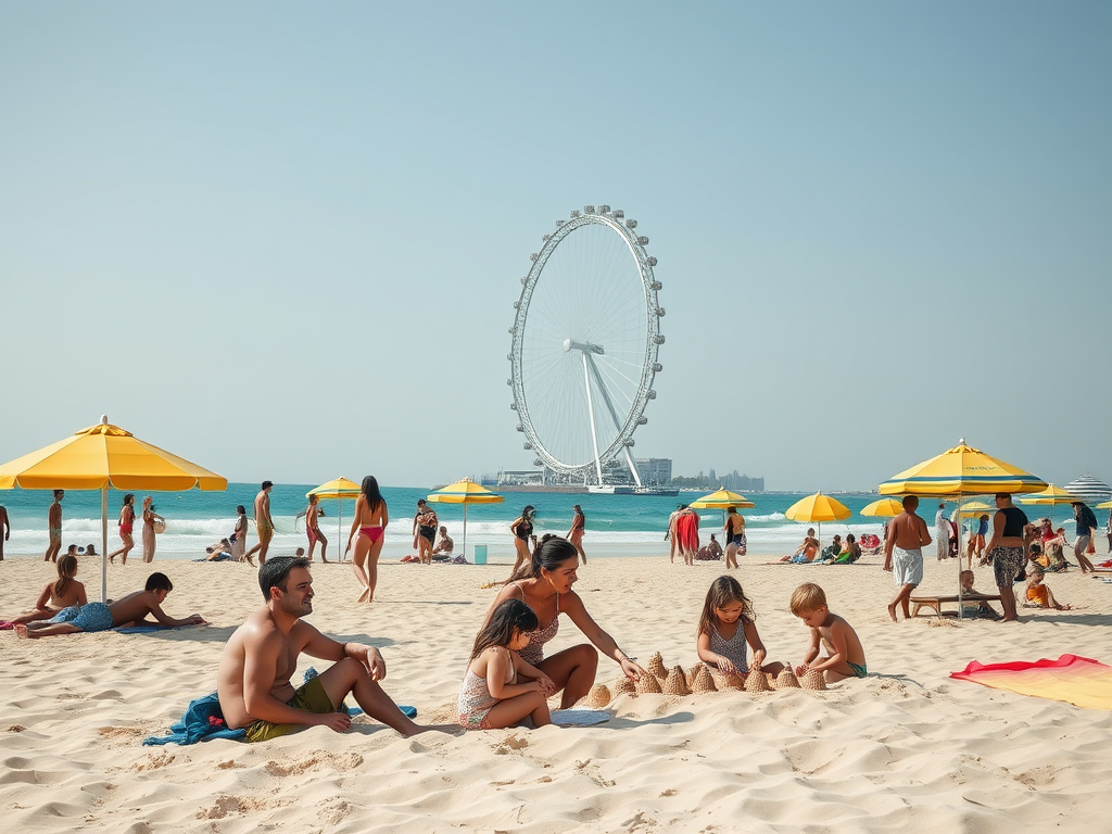 A vibrant beach scene with yellow umbrellas, families building sandcastles, and a large Ferris wheel in the background.