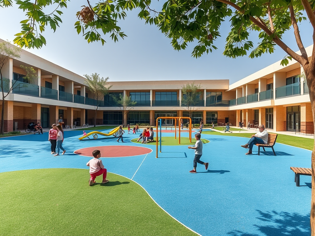 A colorful playground with children playing and adults relaxing in a sunny courtyard surrounded by buildings.