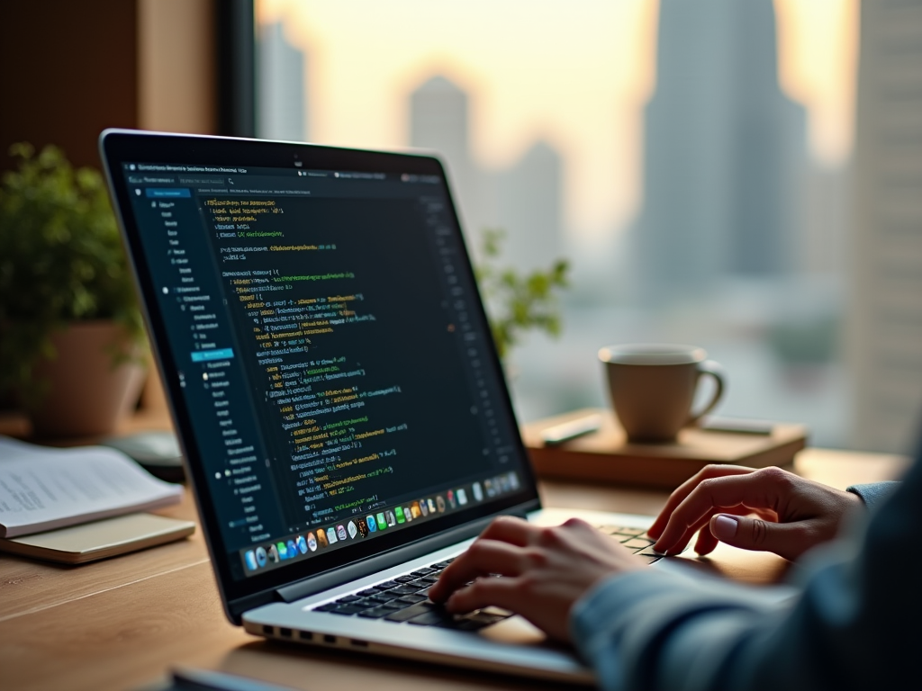 Person coding on a laptop with a view of cityscape through window at sunrise.