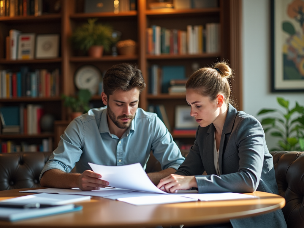 Two professionals reviewing documents in a cozy office with bookshelves.