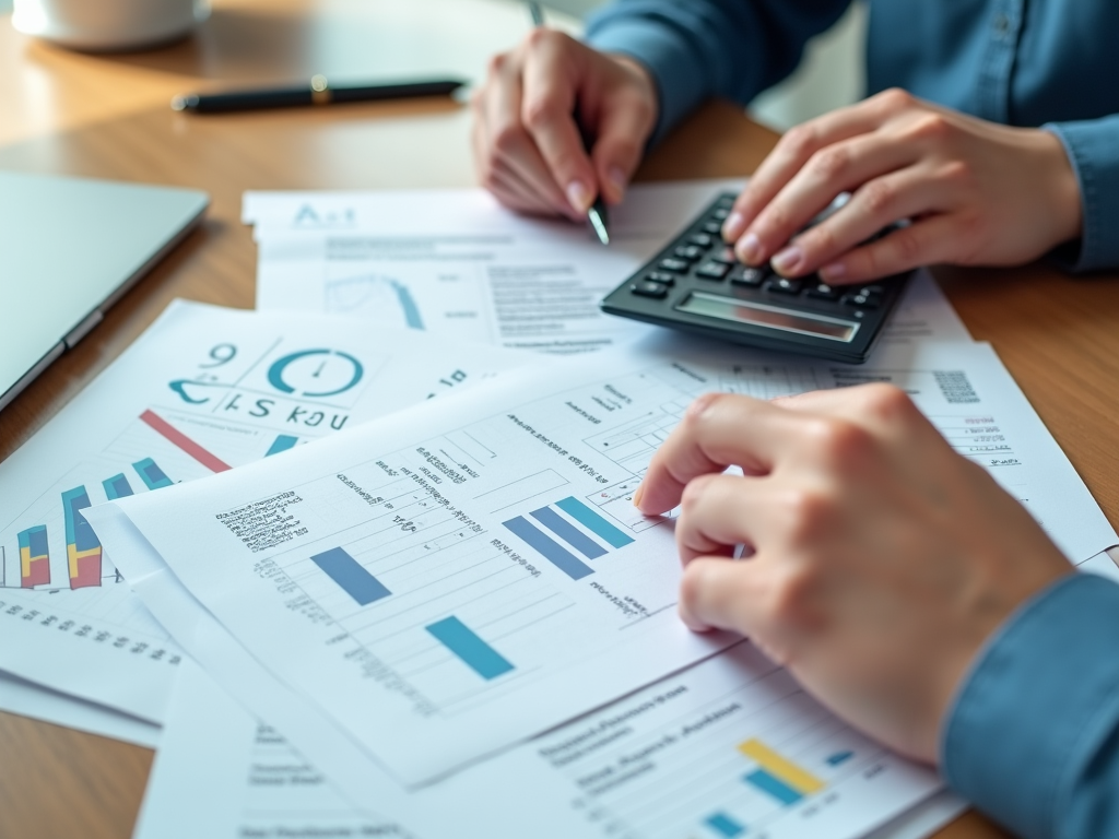 Person analyzing financial data with charts and using a calculator on a desk.