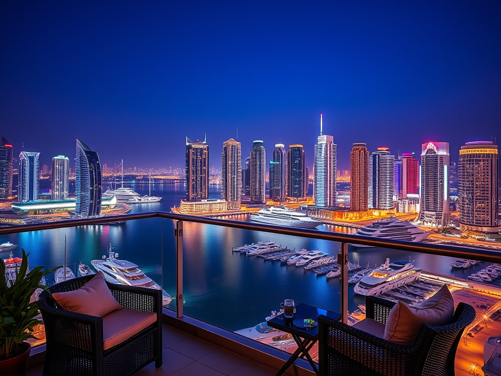 A stunning nighttime view of a city skyline with vibrant lights reflecting on water, featuring boats and modern architecture.