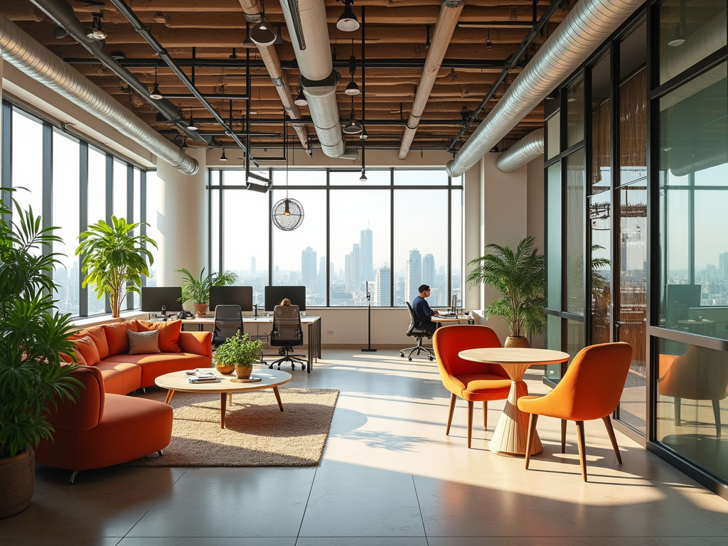 Modern office space with a man working by the window, orange furniture, and cityscape view.