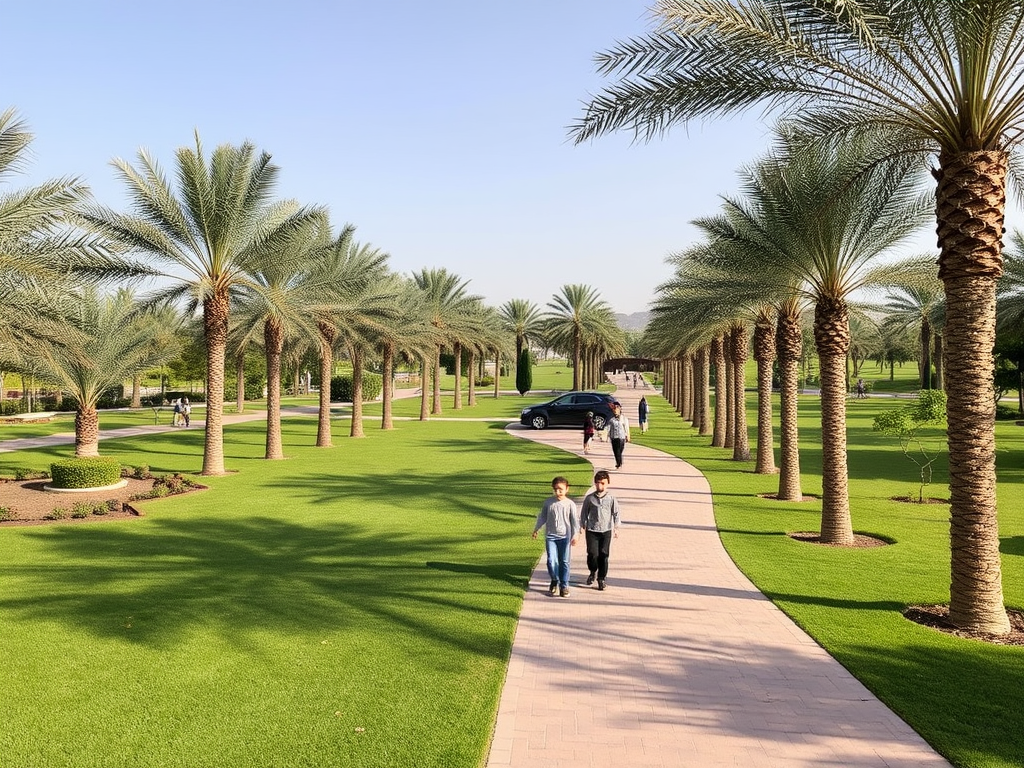 Two children walk along a paved path lined with palm trees in a lush green park. A car is parked nearby.