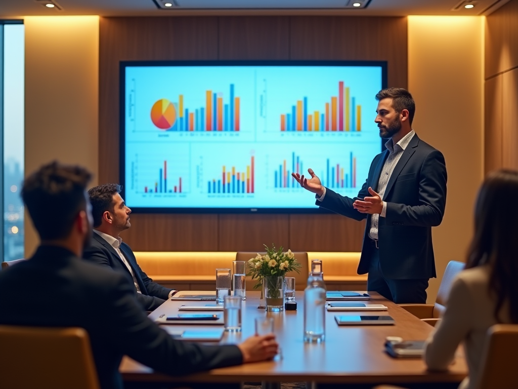 Man presenting financial data to colleagues in a boardroom meeting.