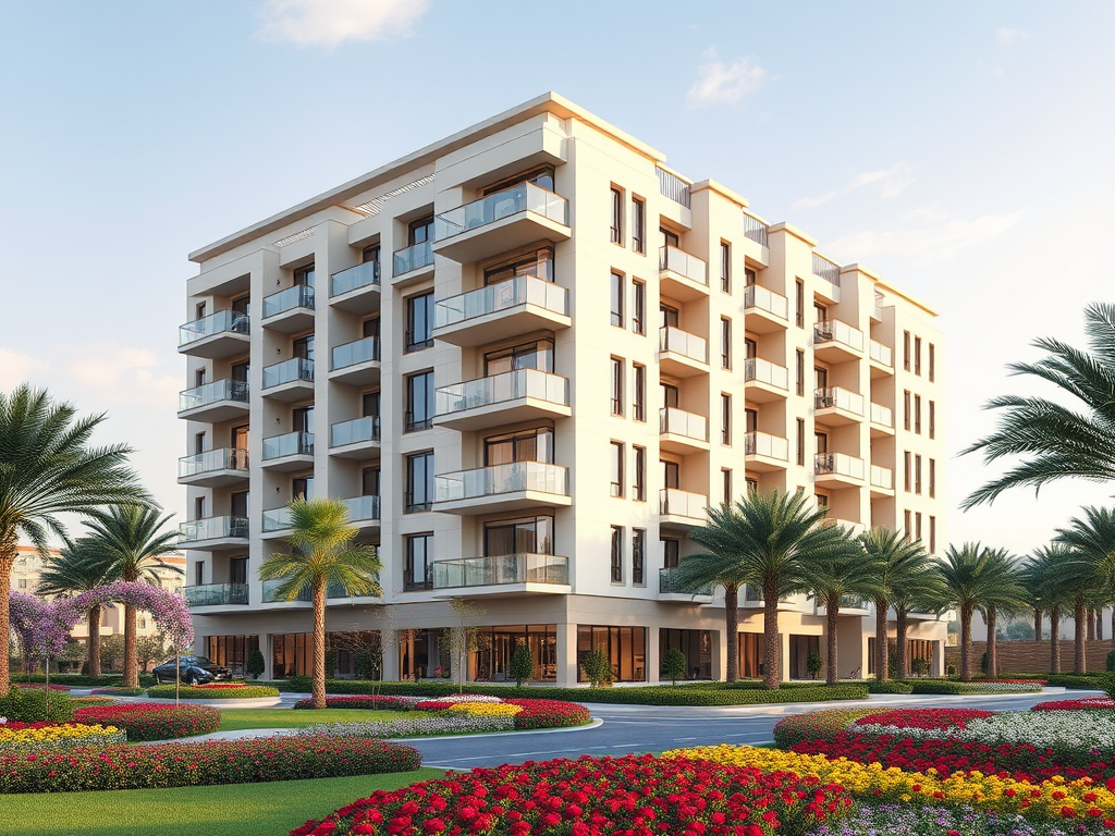 A modern, four-story residential building surrounded by landscaped gardens and palm trees under a clear sky.