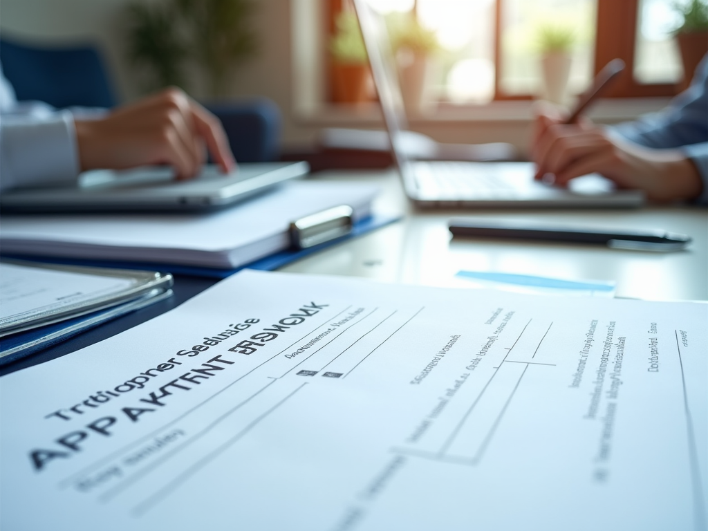 Blurred image of professionals working behind an apartment rental application form on a desk.