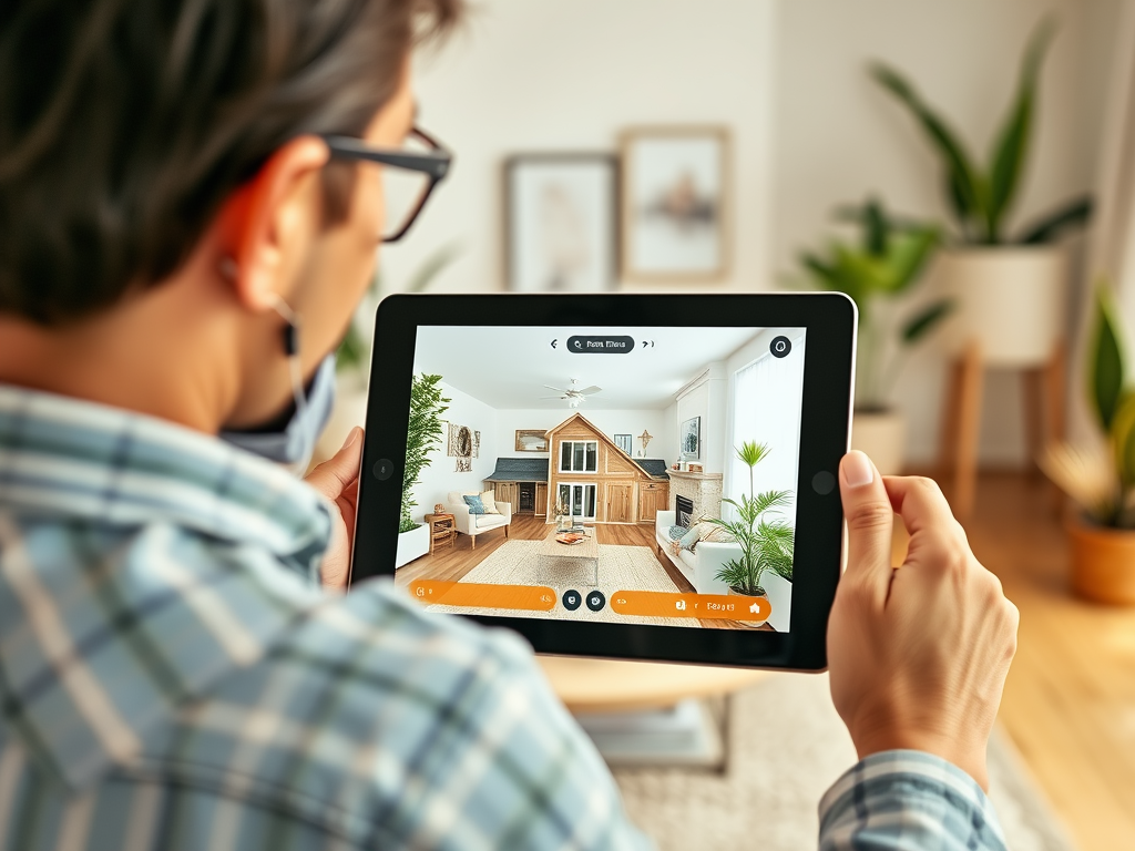 A person is viewing a modern interior design on a tablet, featuring a cozy living room with plants and furniture.