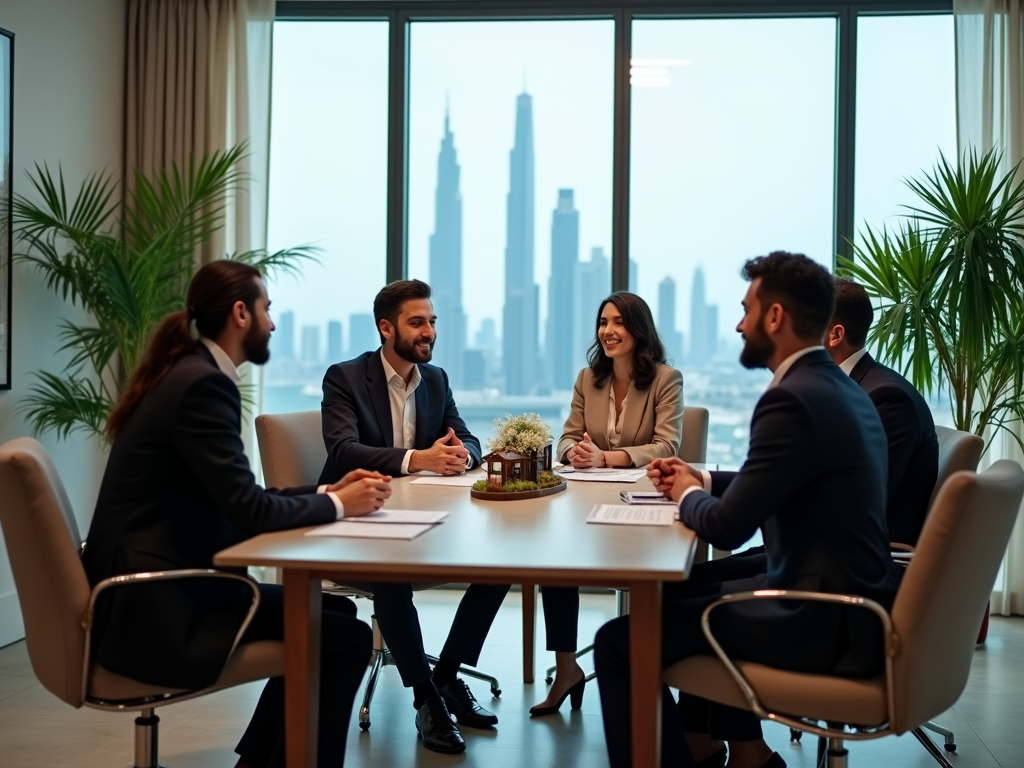 Four business professionals in a meeting with a skyline view through the window.