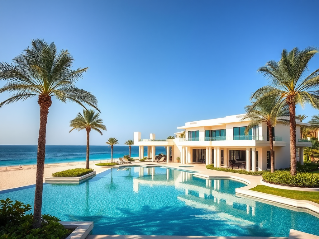 A luxurious beachfront villa with a pool, surrounded by palm trees and overlooking the ocean under a clear blue sky.