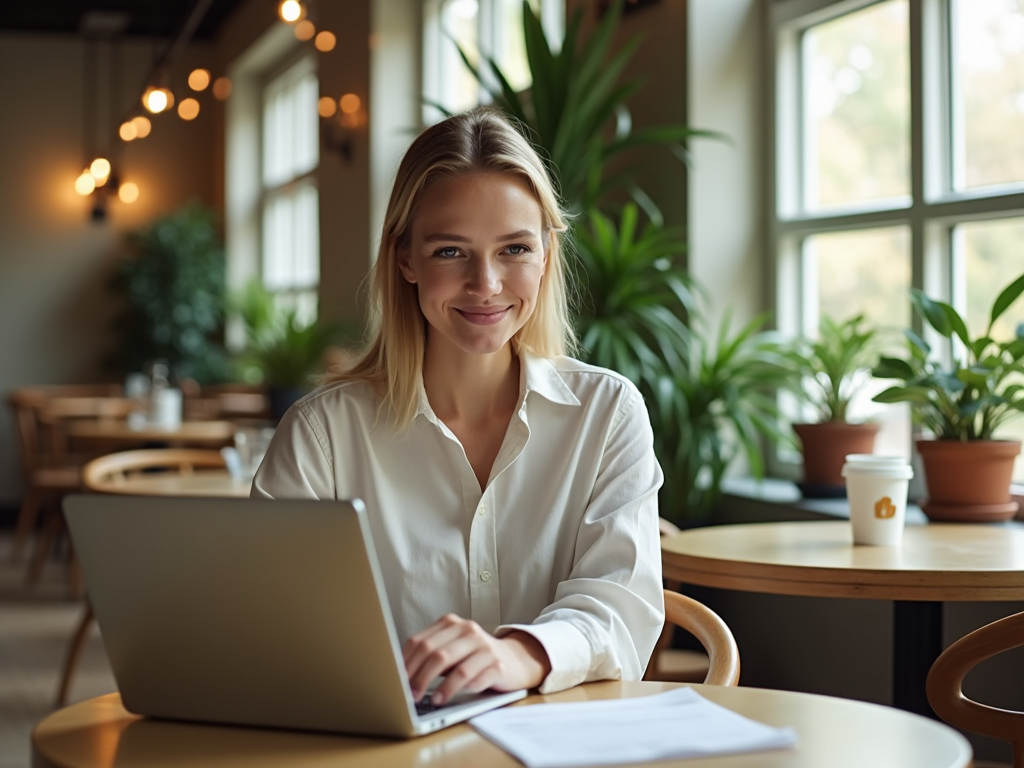 Blonde woman smiling at camera, working on laptop in a cafe with plants and string lights.