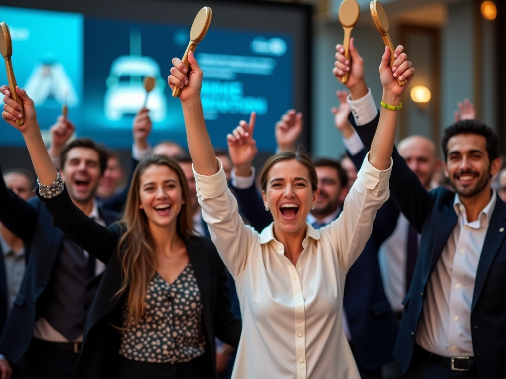 Group of joyful people holding up wooden auction paddles at a public event.