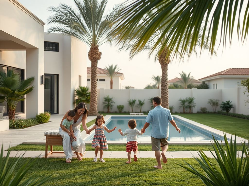 A family of five plays together in a sunny backyard, near a pool, surrounded by palm trees and modern architecture.