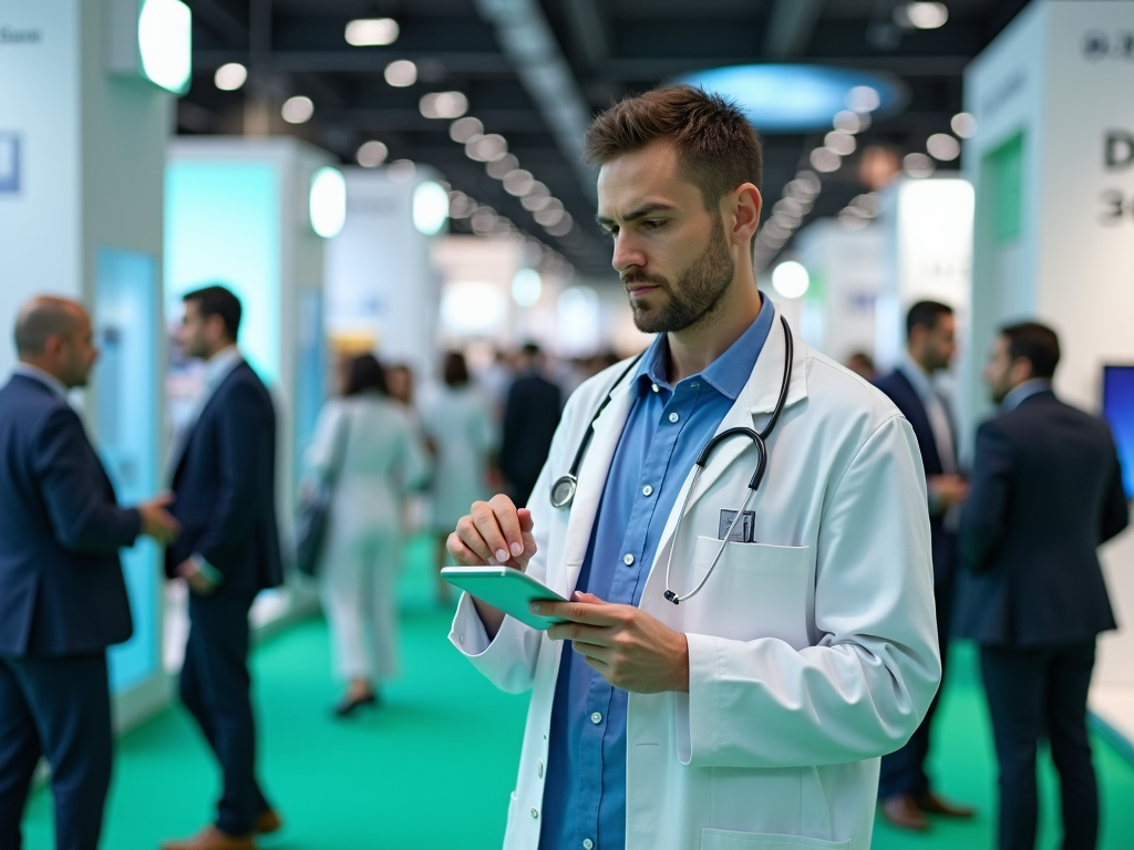 Doctor with tablet focused on screen at busy medical conference.