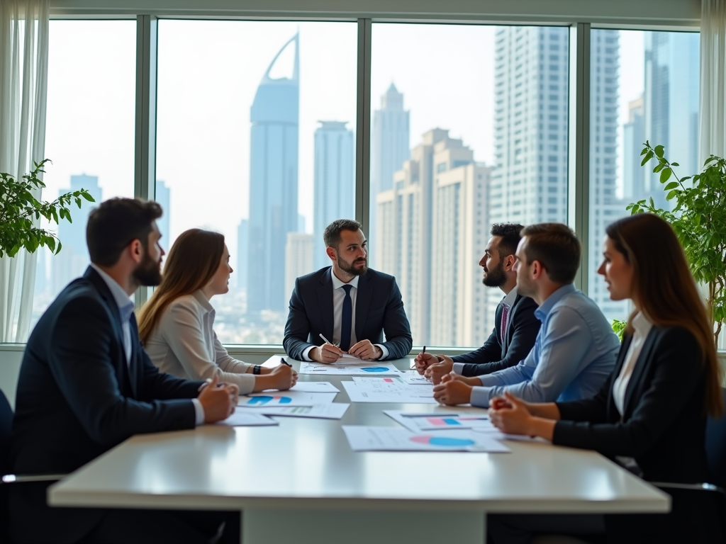 Business team in a meeting room with city skyline view through windows, discussing over documents.