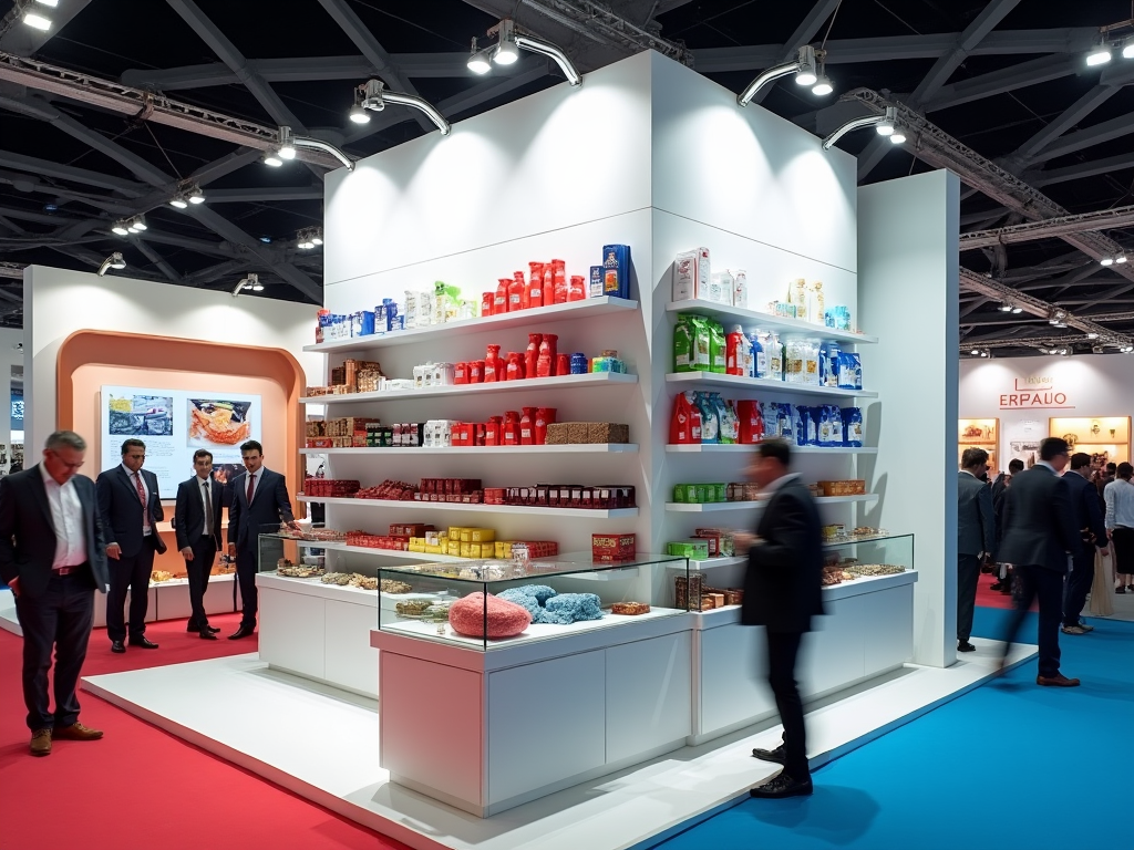 Men in suits browsing a brightly lit trade show booth with shelves of colorful products.