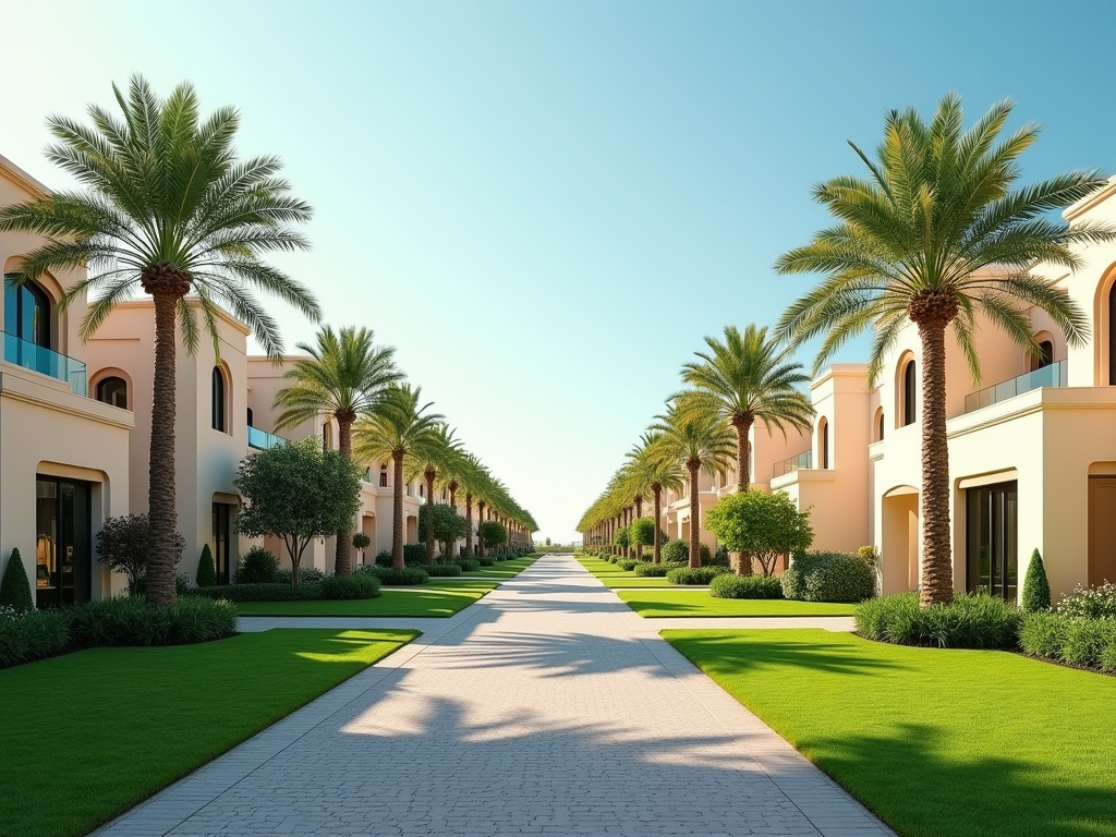 Palm-lined pathway in a residential area with beige townhouses under clear blue sky.