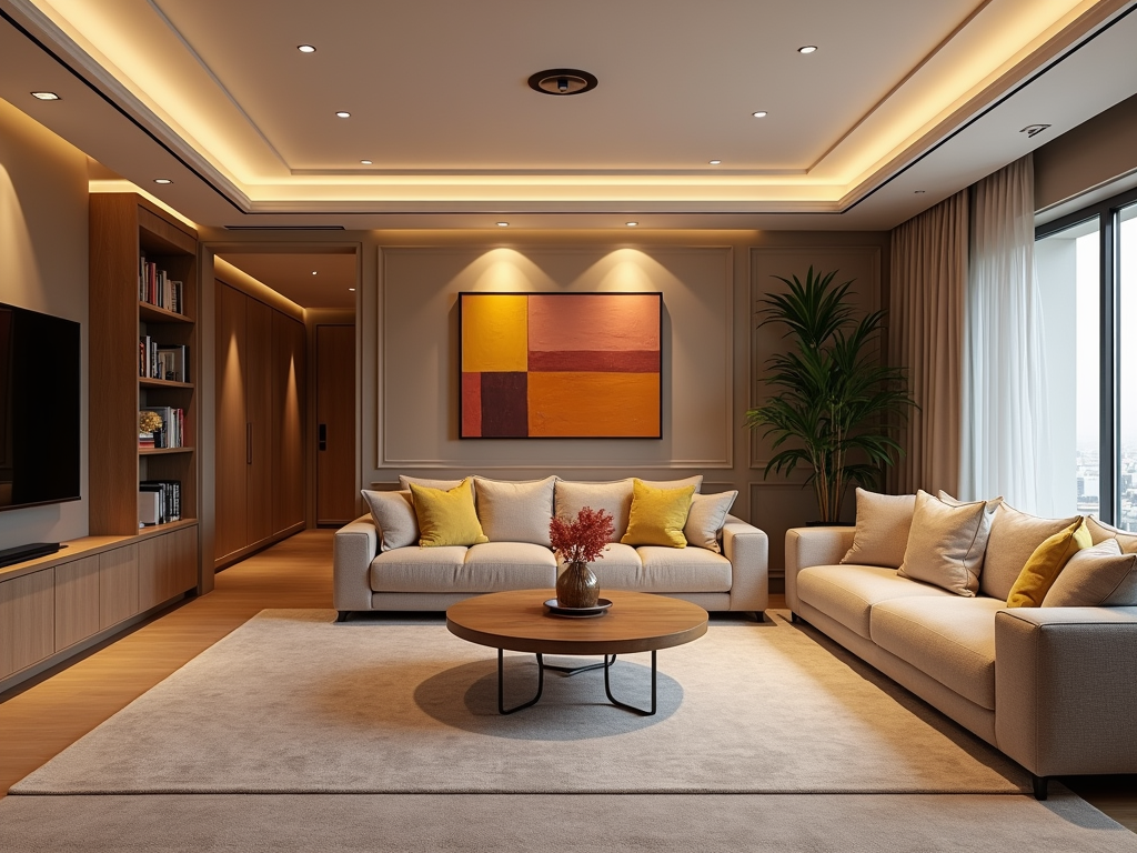 Modern living room with stylish sofas, wooden shelves, large windows, and abstract art.