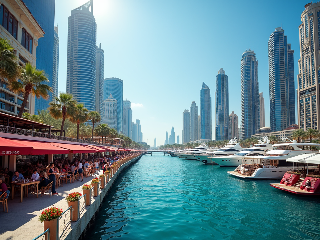 Sunny waterfront with tall skyscrapers, a canal lined with yachts, and busy outdoor cafes.