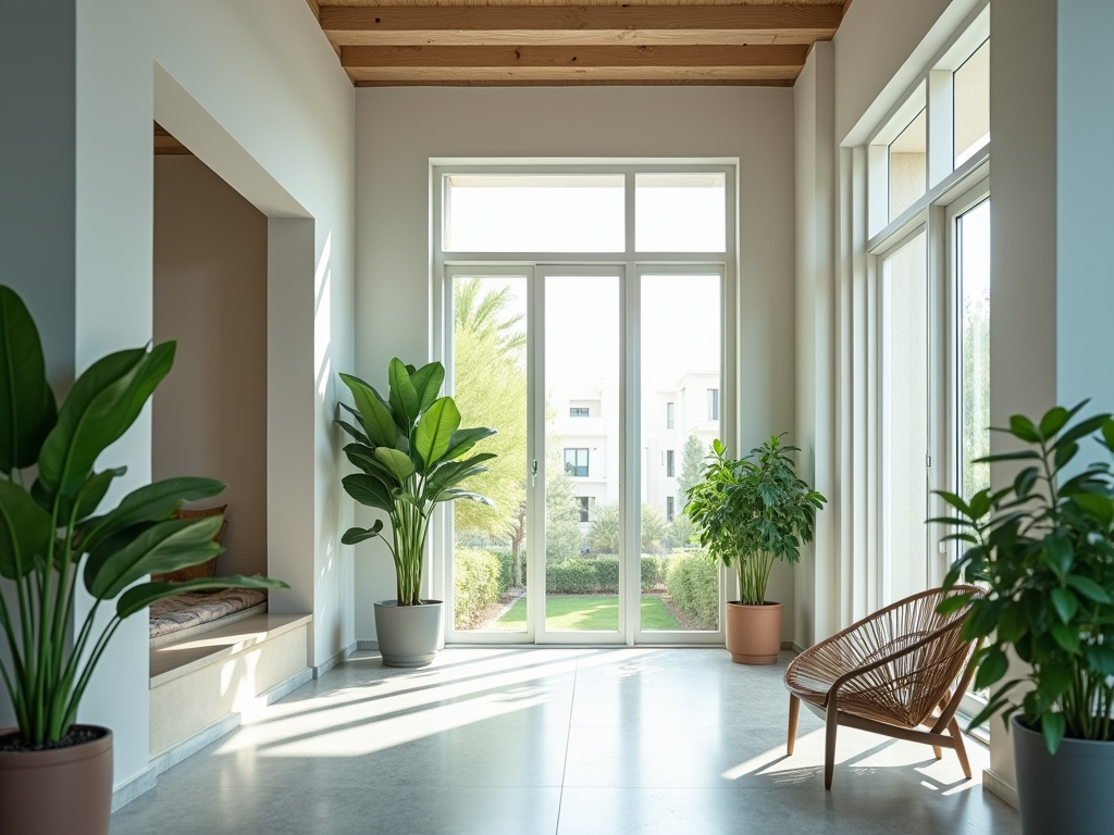 Bright modern room with large windows, indoor plants, and a wicker chair, overlooking a garden.