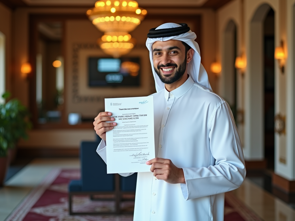 Man in traditional dress holding a document, smiling in an opulent hallway with chandeliers.