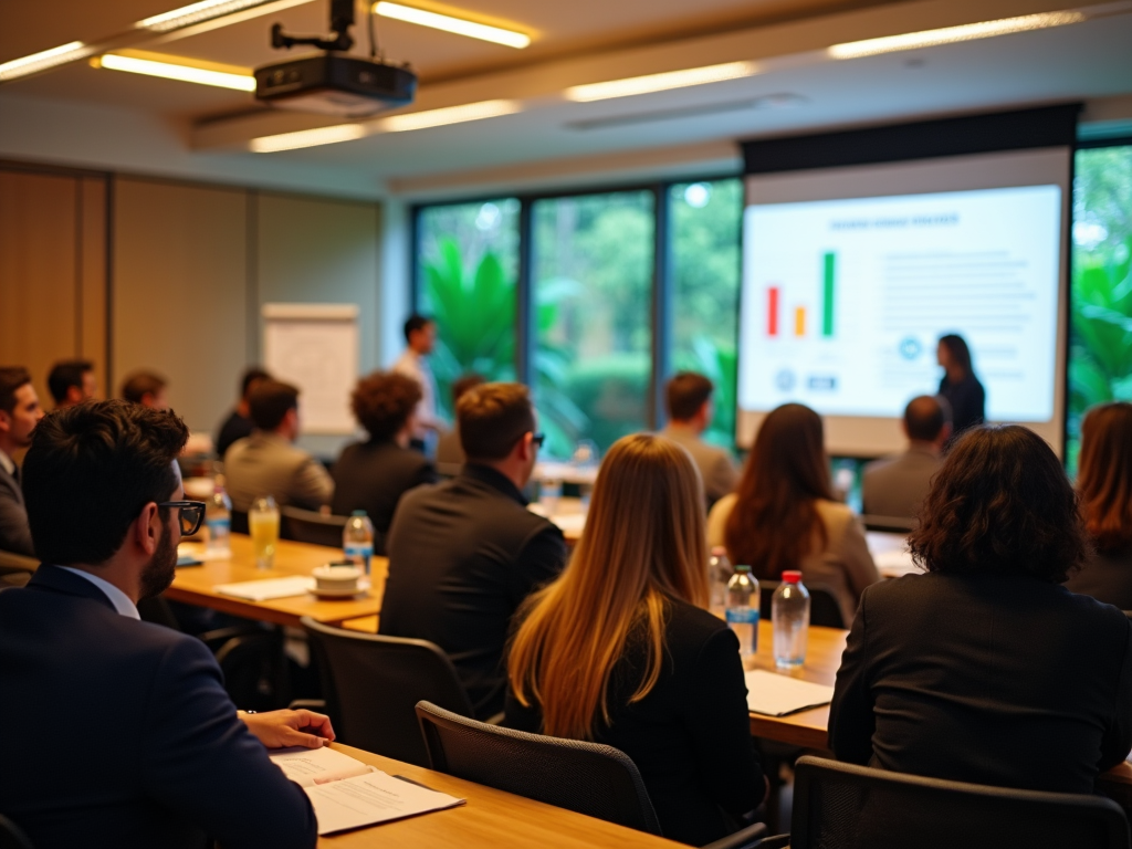 Business professionals in a conference room listening to a presentation with charts on a screen.