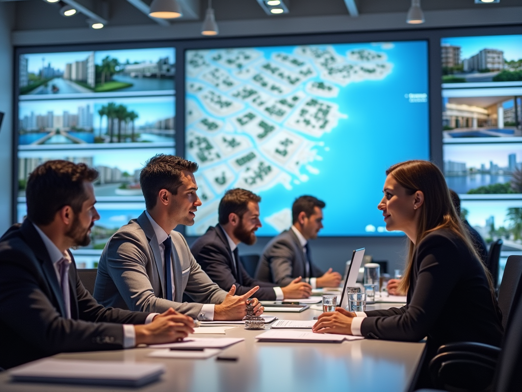 Business professionals in a meeting room discussing over digital maps and urban development plans.