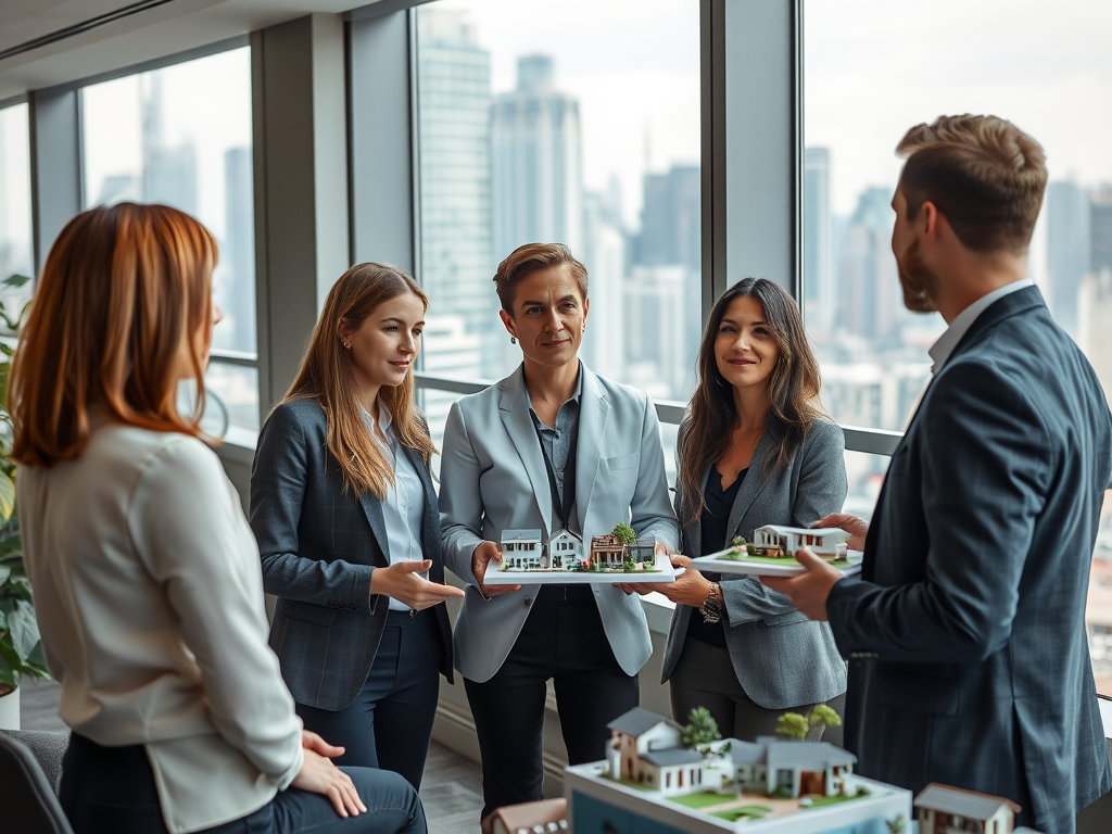 A group of professionals discussing architectural models in a modern office with a city view.