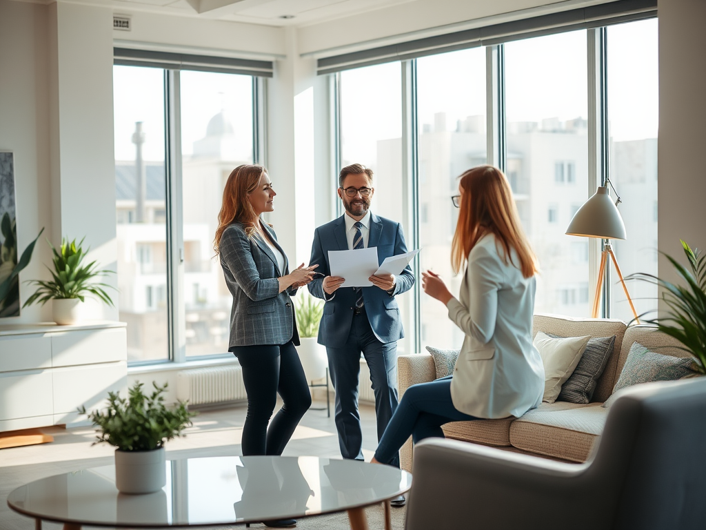 Three professionals discuss plans in a bright, modern office with large windows and stylish furnishings.