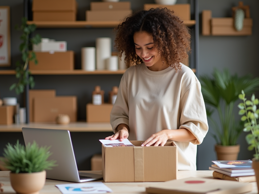 Young woman packing a box in a home office with shelves full of supplies.