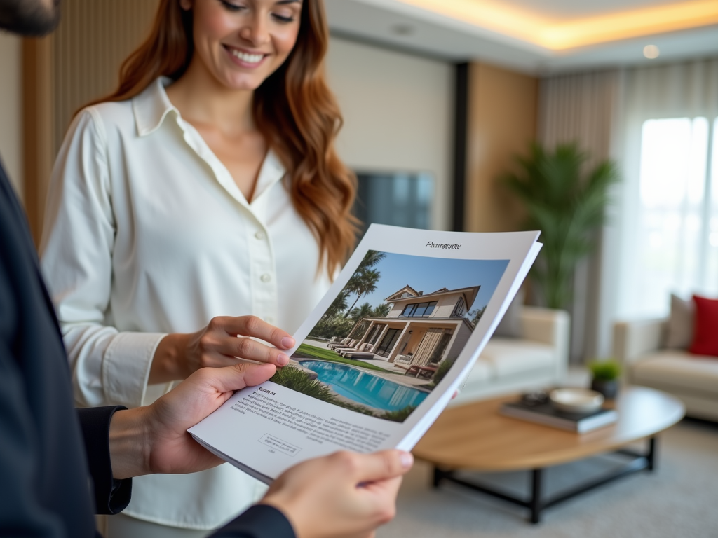 Woman in white blouse reviews luxury home brochure with client in modern living room.