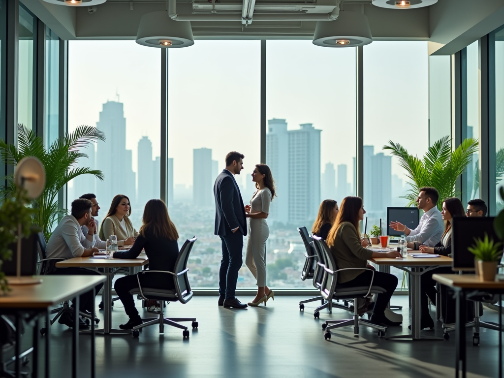 Two professionals standing and talking in a modern office with colleagues seated at desks, cityscape visible through large windows.