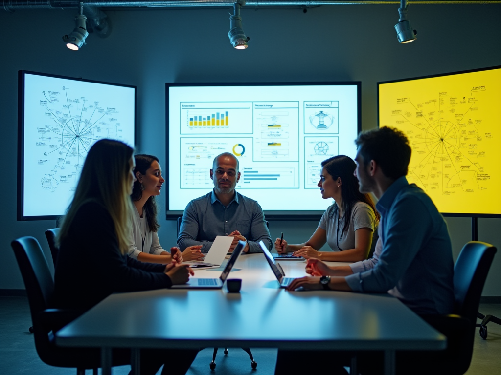 Team of professionals discussing data on multiple screens in a modern meeting room.