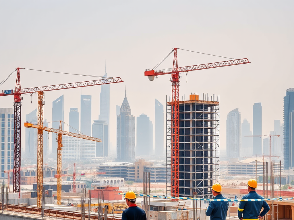 Construction workers observe a city skyline with cranes and rising buildings under a hazy sky.