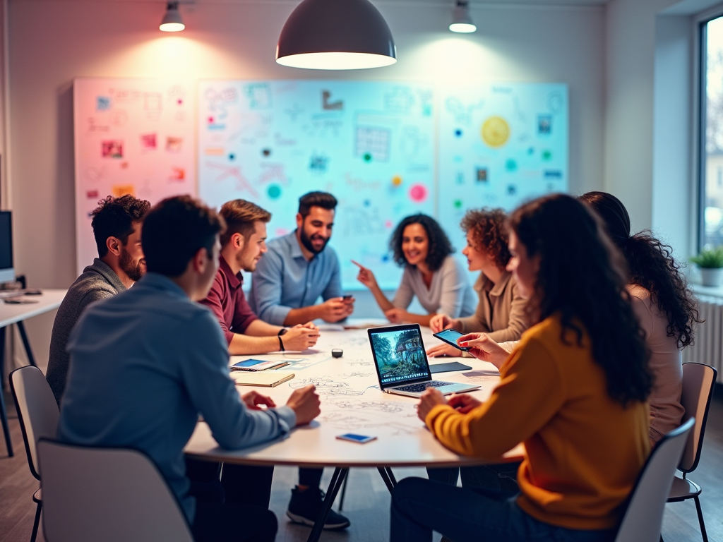 Diverse group of professionals brainstorming around a table in a brightly lit office.