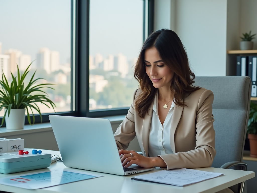 Woman in beige blazer typing on a laptop at her office desk with city view in background.