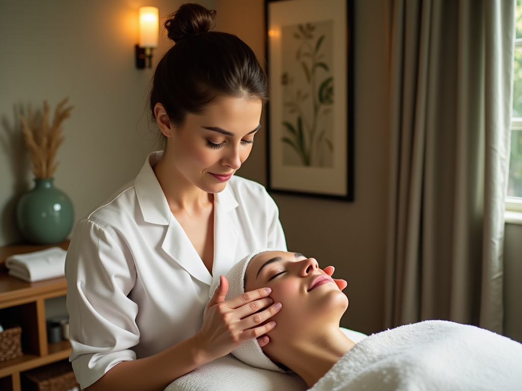 Female beautician giving a facial treatment to a relaxed woman in a serene spa setting.