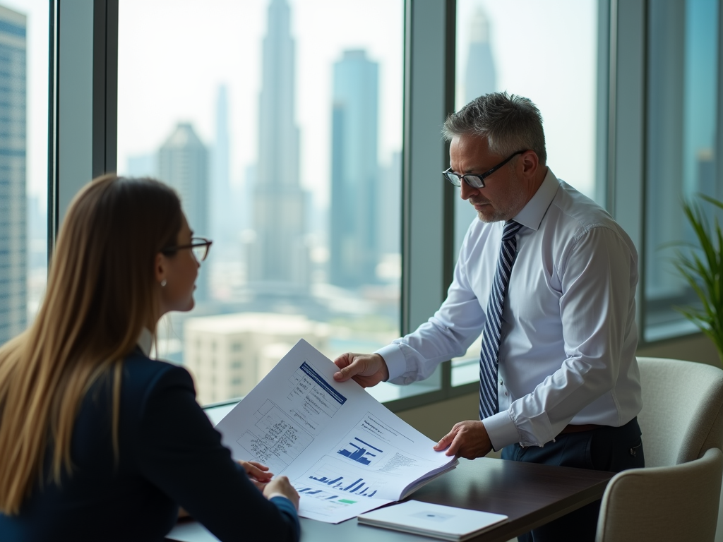 Two business professionals discussing documents in a modern office with cityscape background.