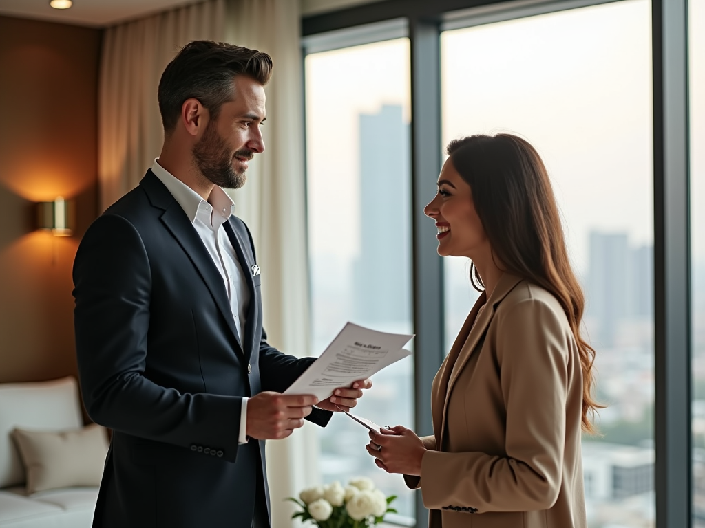 Man in suit handing a document to a smiling woman in a blazer in an office with cityscape.