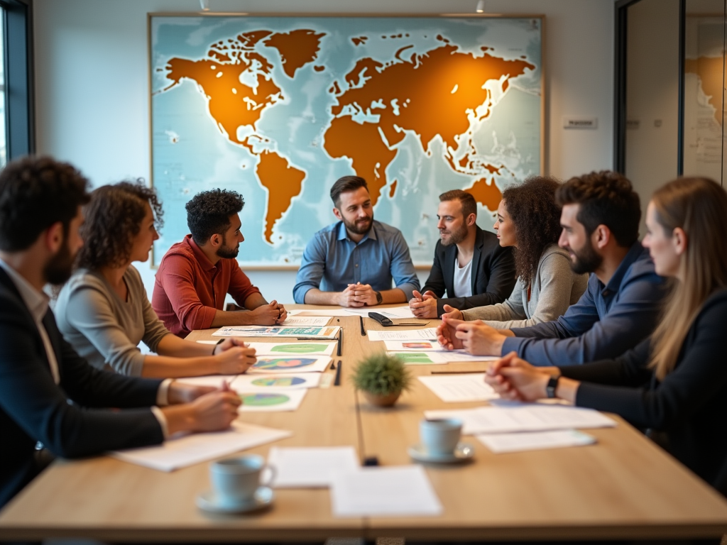 Diverse group of professionals discussing around a table with a world map in the background.