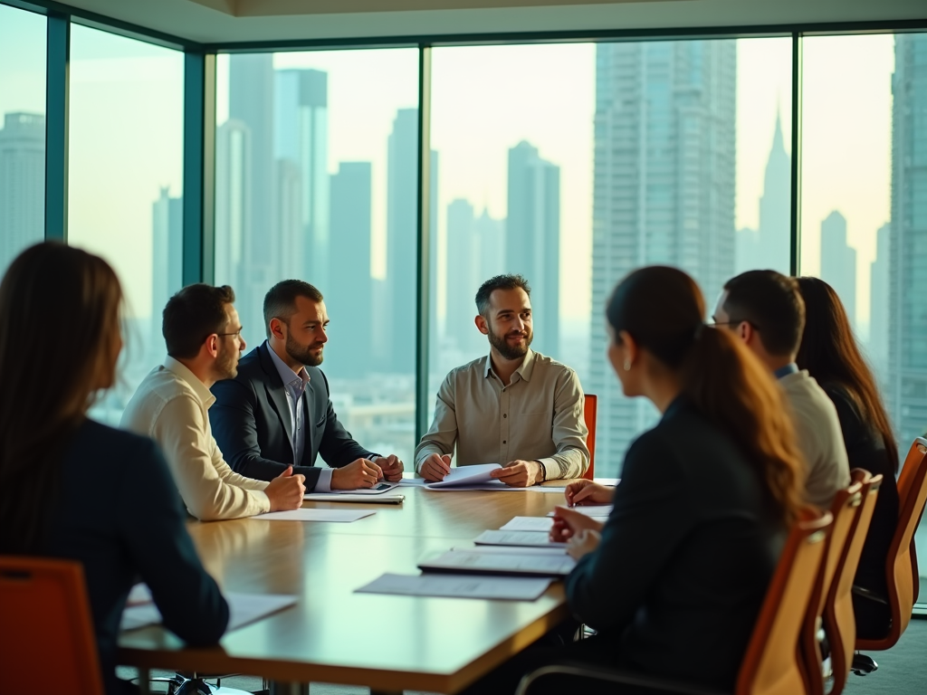 Professionals in a meeting with city skyline in background through large window.