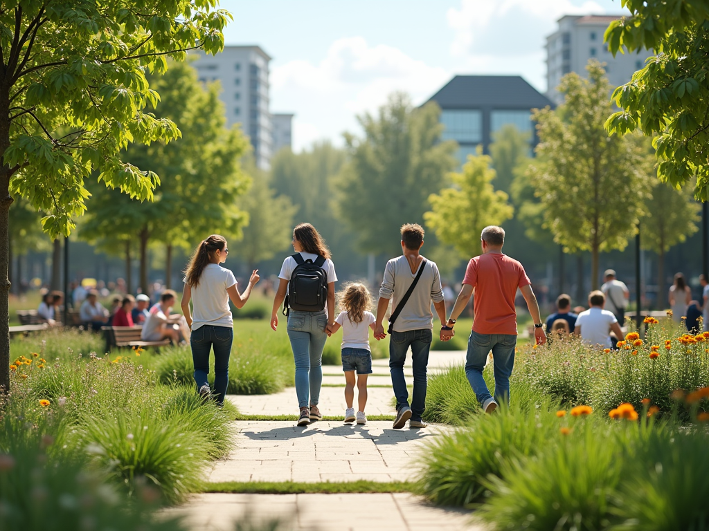 People walking along a path in a sunny park with trees and flowers, city buildings in the background.