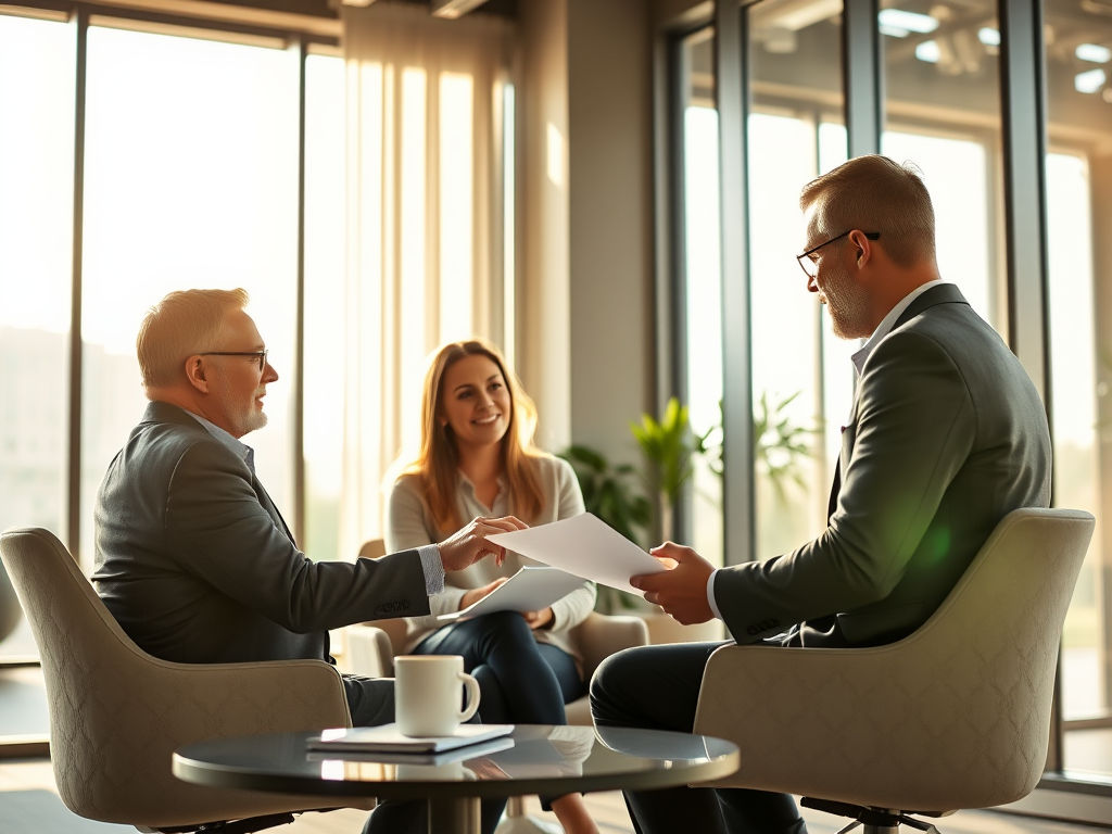 Three professionals engage in a discussion in a bright, modern office, sharing documents and ideas.