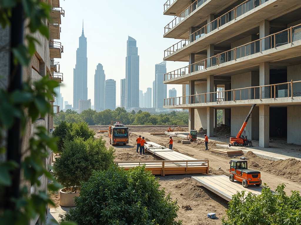 Construction site with unfinished building, workers, and machines, city skyline in the background.