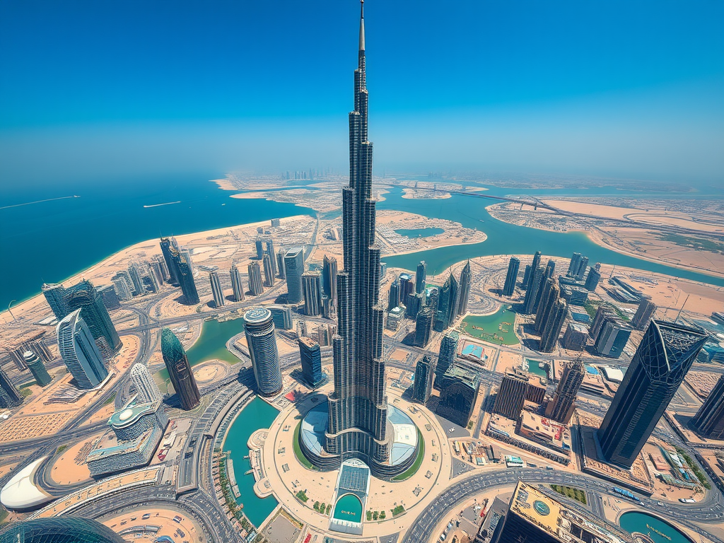 Aerial view of Dubai showcasing the Burj Khalifa and surrounding skyscrapers near the coast and waterways.