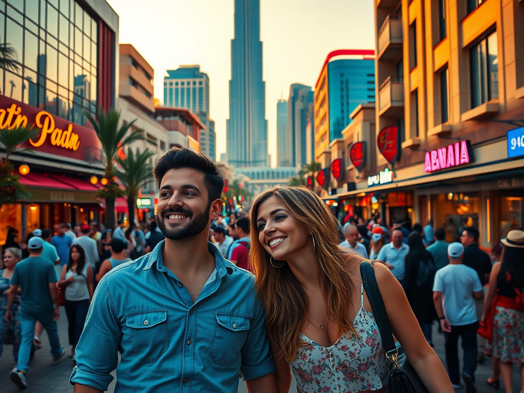 A smiling couple walks hand-in-hand through a bustling city street with tall buildings and shops around them.