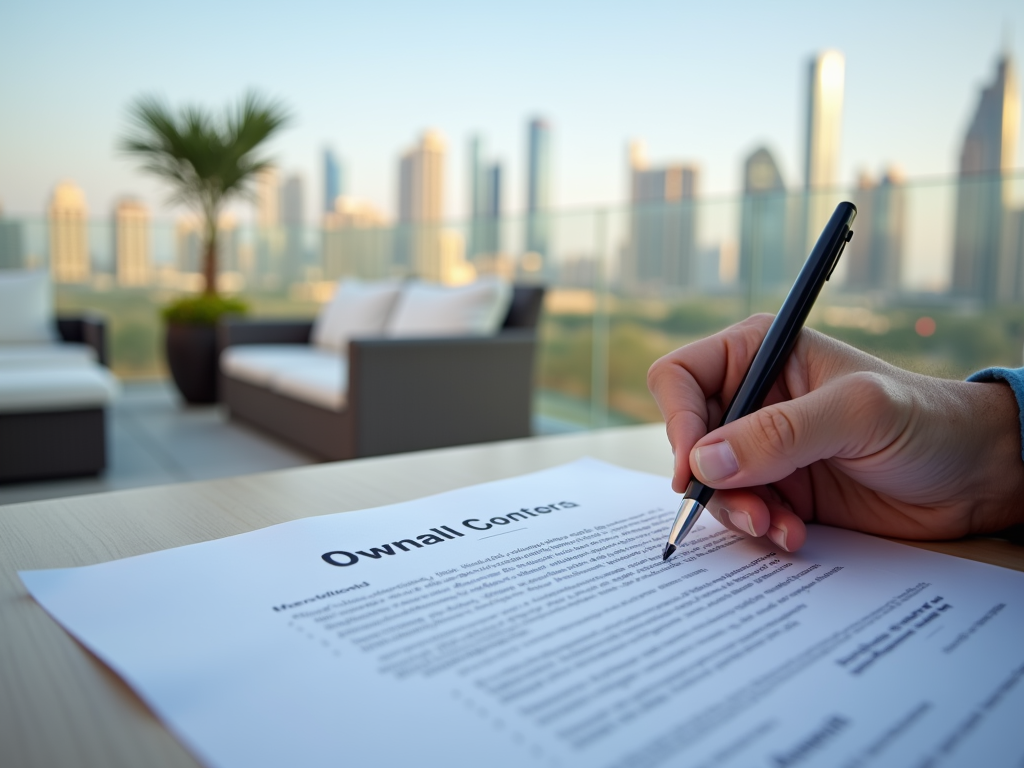 Person signing a contract on a table, with a blurred city skyline in the background.