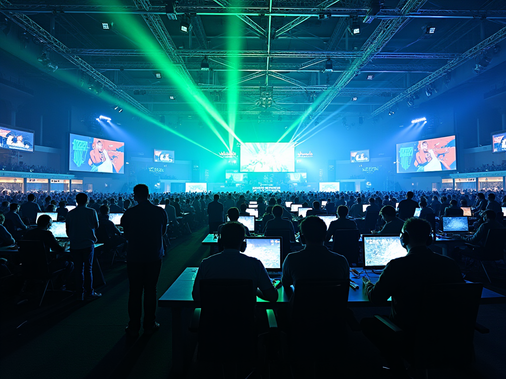 Large audience at an esports event, watching and playing under blue and green lights.