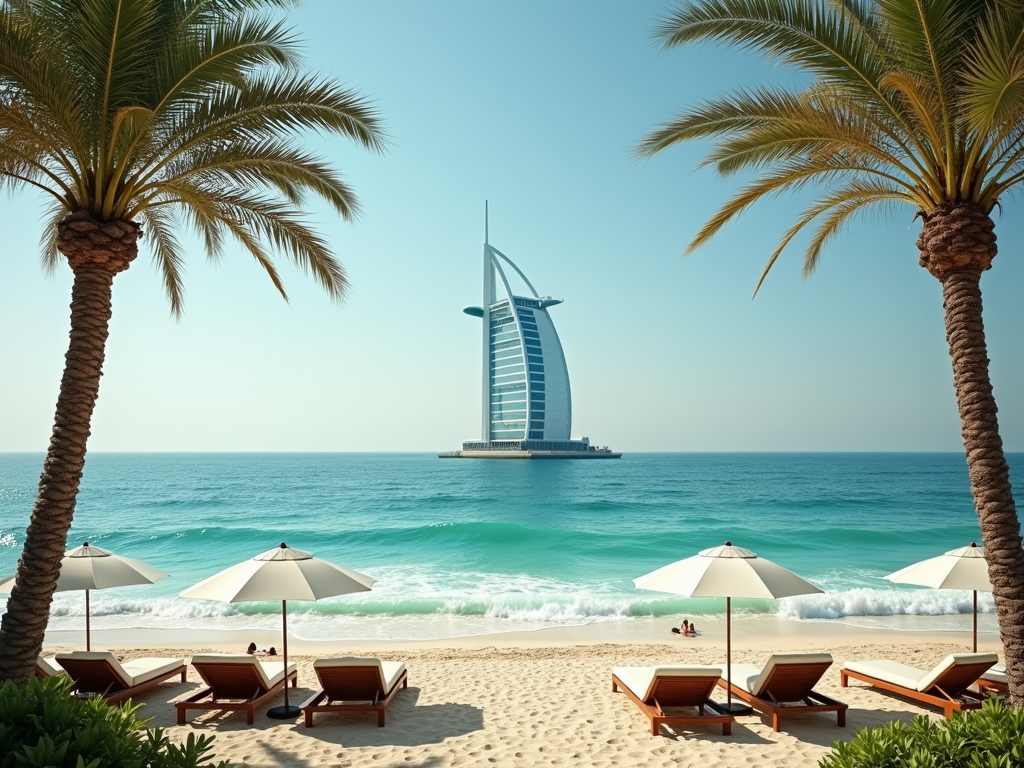 Sandy beach with sun loungers, umbrellas, and view of a unique sail-shaped building between palm trees.